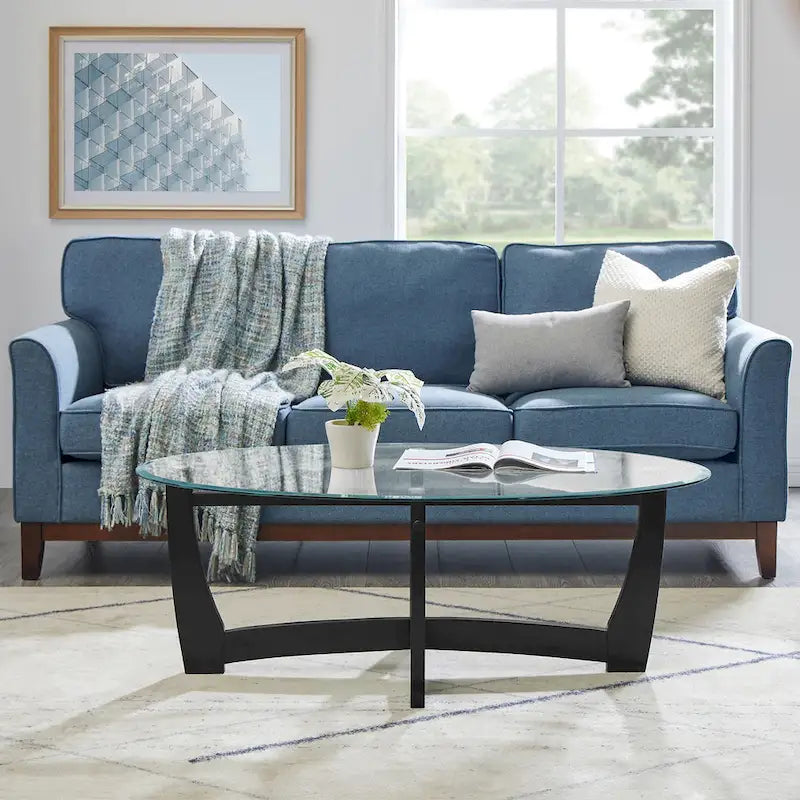 Table basse ovale en verre de 122 cm, table basse centrale ronde noire avec plateau en verre