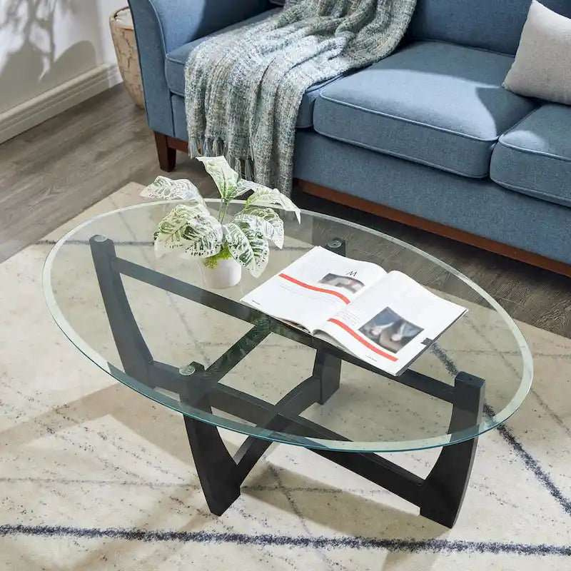 Table basse ovale en verre de 122 cm, table basse centrale ronde noire avec plateau en verre