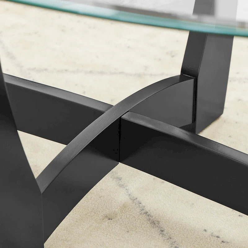 Table basse ovale en verre de 122 cm, table basse centrale ronde noire avec plateau en verre