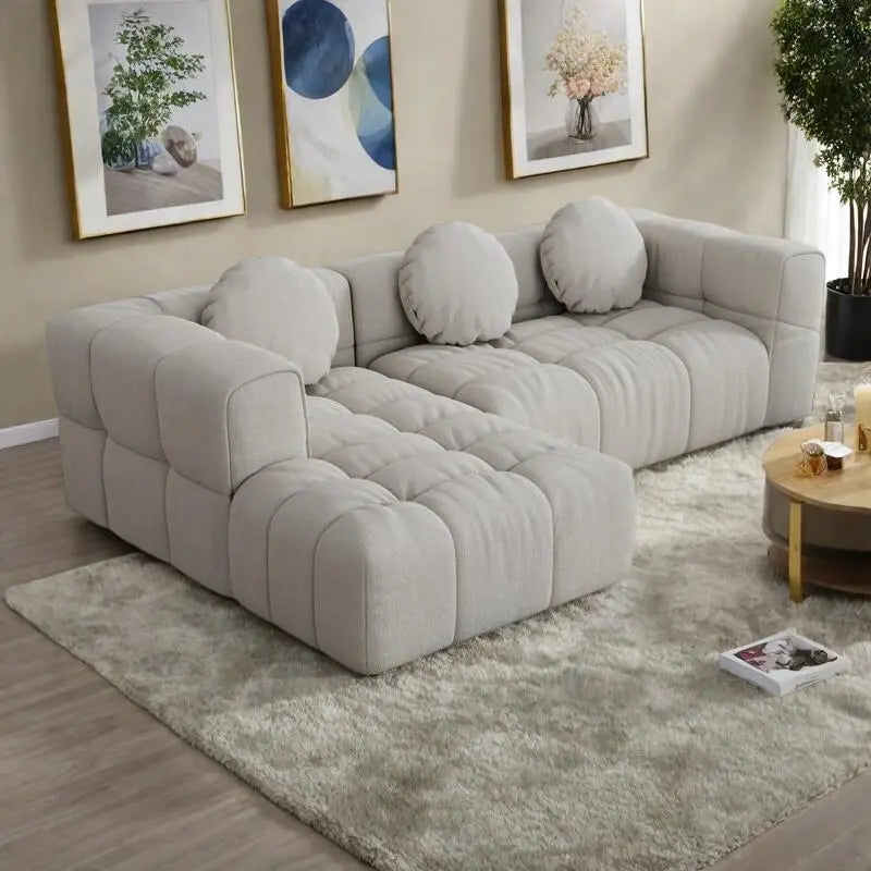 103 Canapé d'angle en chenille avec méridienne à gauche, 3 oreillers et design modulaire