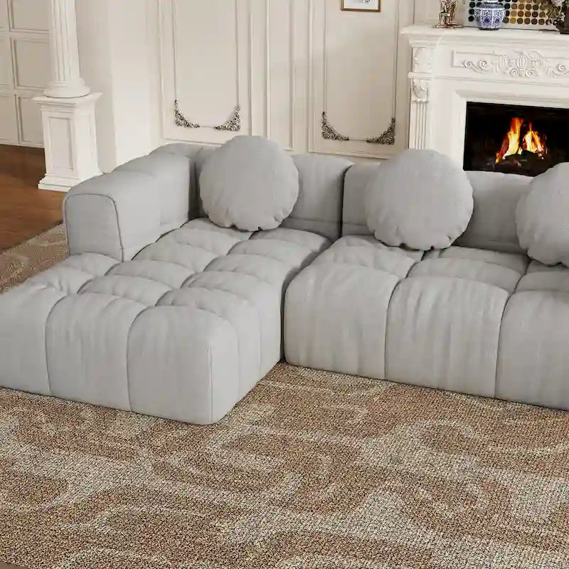 103 Canapé d'angle en chenille avec méridienne à gauche, 3 oreillers et design modulaire