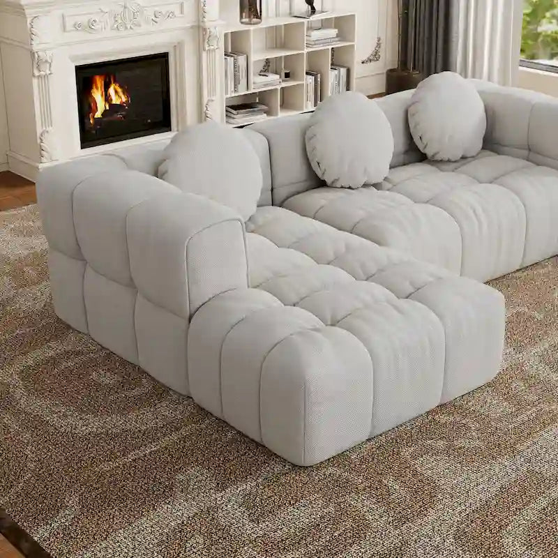 103 Canapé d'angle en chenille avec méridienne à gauche, 3 oreillers et design modulaire