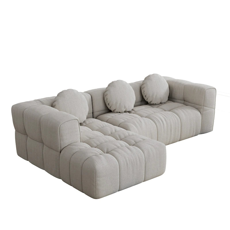 103 Canapé d'angle en chenille avec méridienne à gauche, 3 oreillers et design modulaire