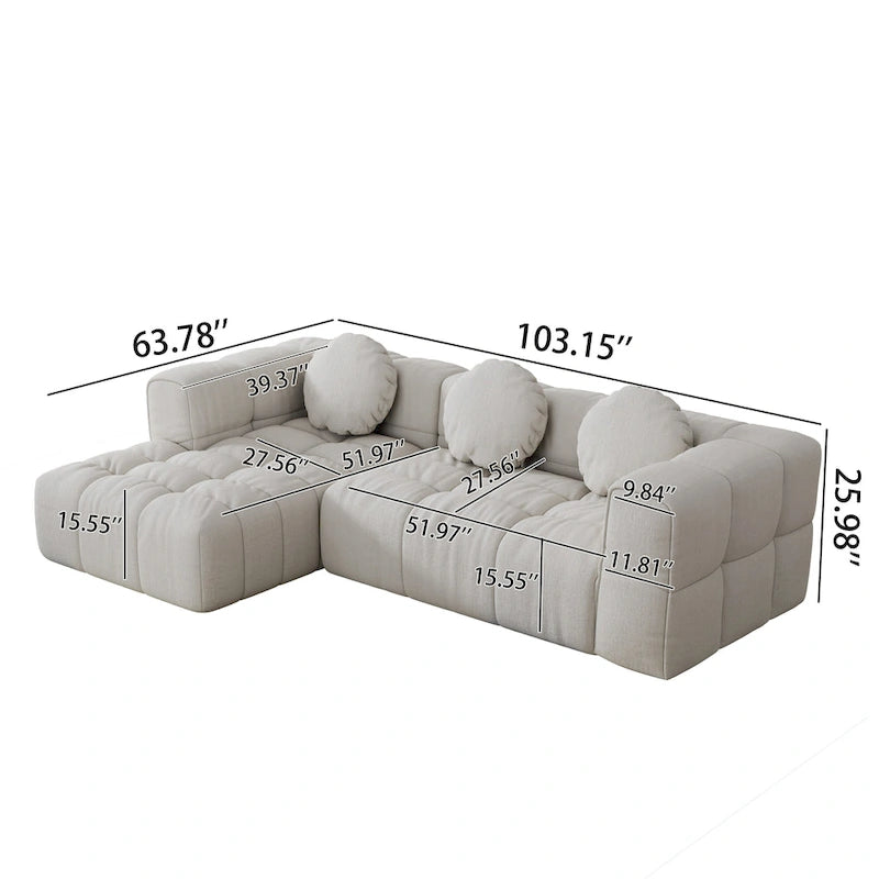 103 Canapé d'angle en chenille avec méridienne à gauche, 3 oreillers et design modulaire