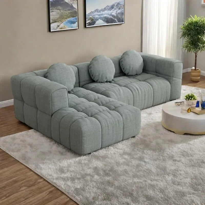 103 Canapé d'angle en chenille avec méridienne à gauche, 3 oreillers et design modulaire