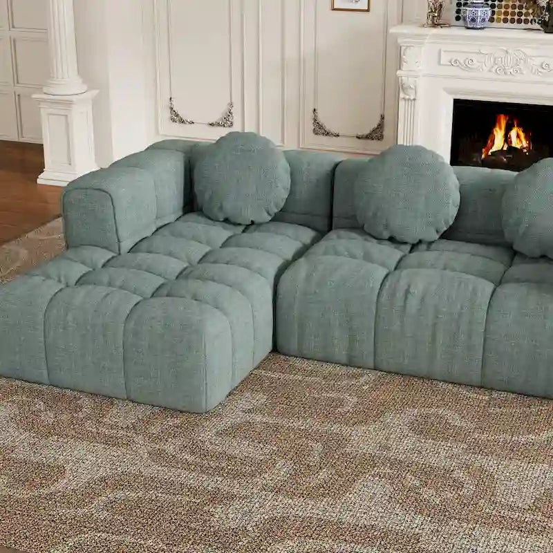 103 Canapé d'angle en chenille avec méridienne à gauche, 3 oreillers et design modulaire