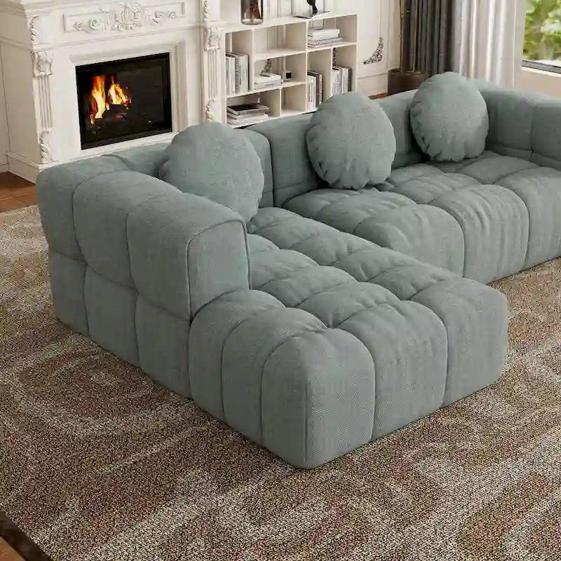 103 Canapé d'angle en chenille avec méridienne à gauche, 3 oreillers et design modulaire