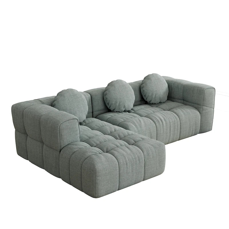 103 Canapé d'angle en chenille avec méridienne à gauche, 3 oreillers et design modulaire