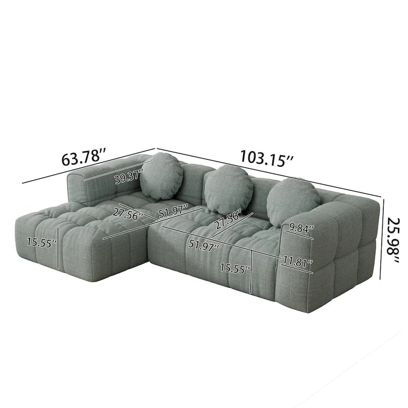 103 Canapé d'angle en chenille avec méridienne à gauche, 3 oreillers et design modulaire