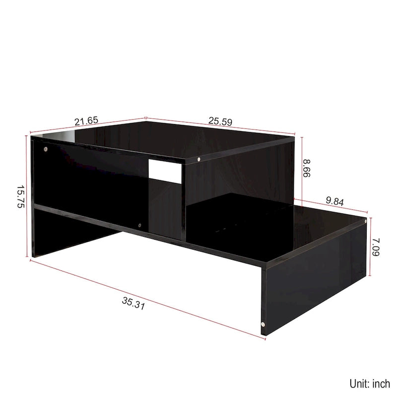 Table basse moderne minimaliste élégante à double plateau avec rangement ouvert, pour salon, noire
