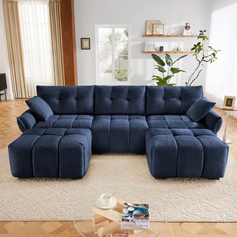 110.2 Canapé rembourré 3 places en chenille, 2 poufs