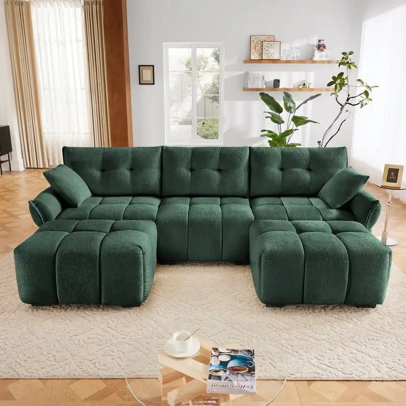 110.2 Canapé rembourré 3 places en chenille, 2 poufs