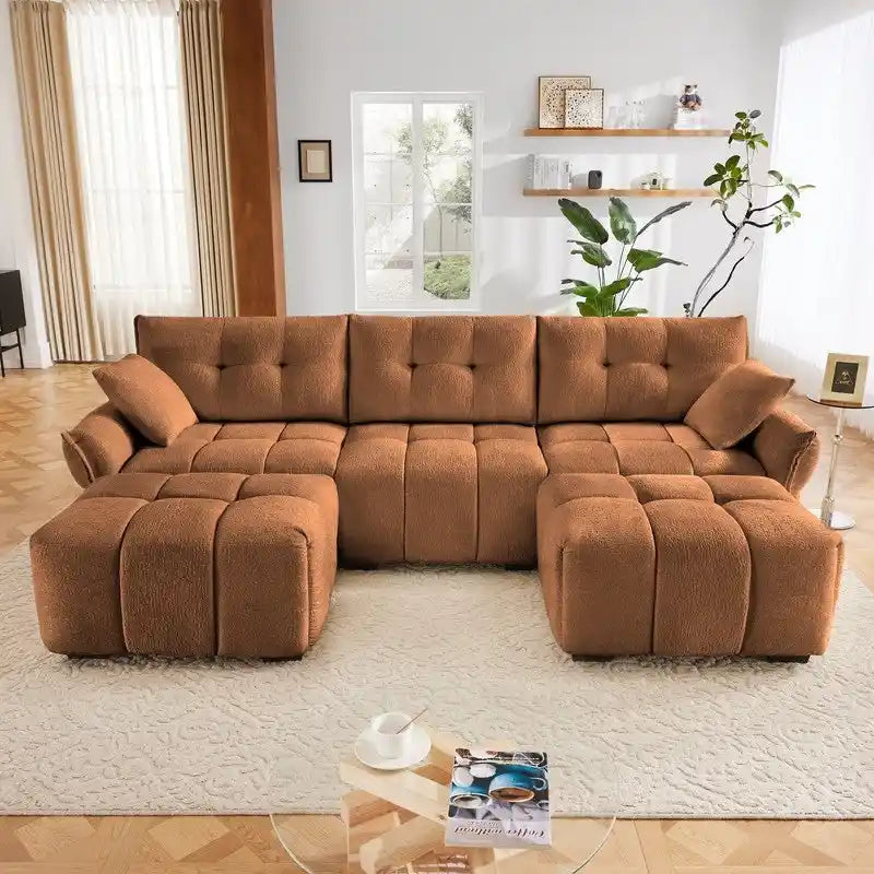 110.2 Canapé rembourré 3 places en chenille, 2 poufs