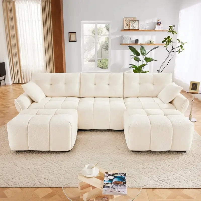 110.2 Canapé rembourré 3 places en chenille, 2 poufs