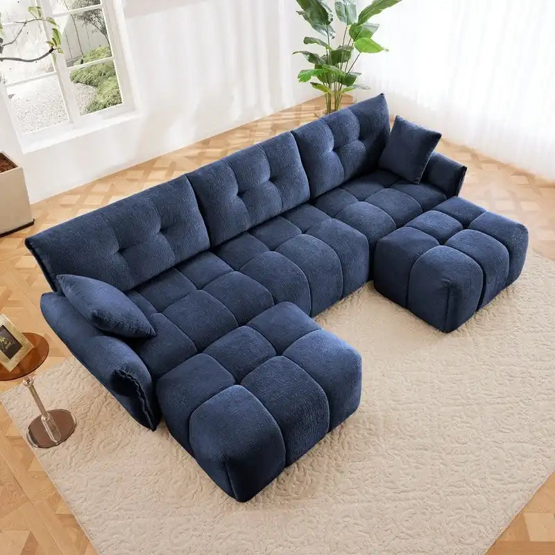110.2 Canapé rembourré 3 places en chenille, 2 poufs