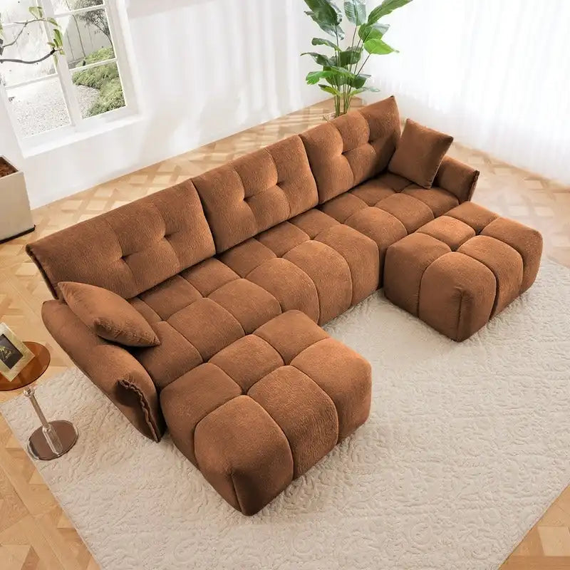 110.2 Canapé rembourré 3 places en chenille, 2 poufs