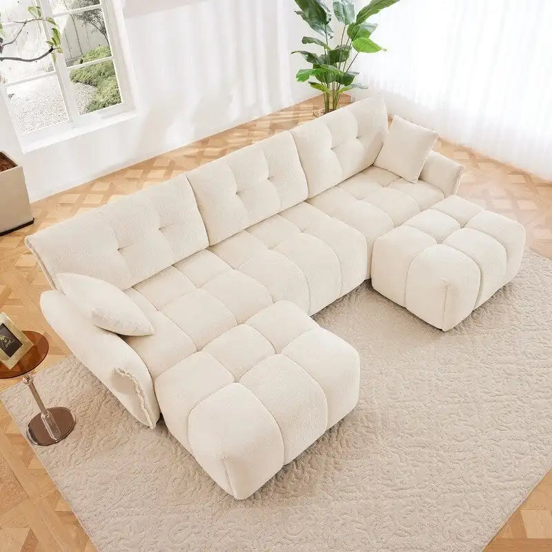110.2 Canapé rembourré 3 places en chenille, 2 poufs