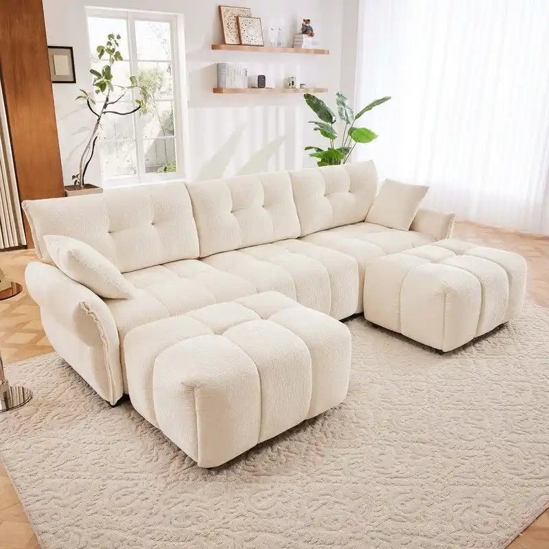 110.2 Canapé rembourré 3 places en chenille, 2 poufs