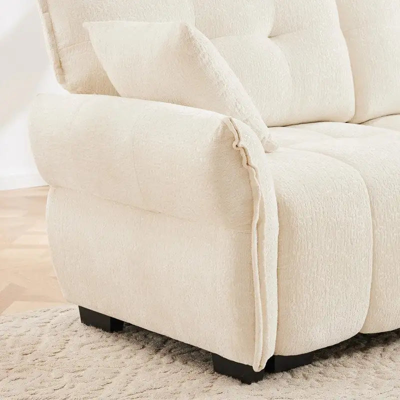 110.2 Canapé rembourré 3 places en chenille, 2 poufs