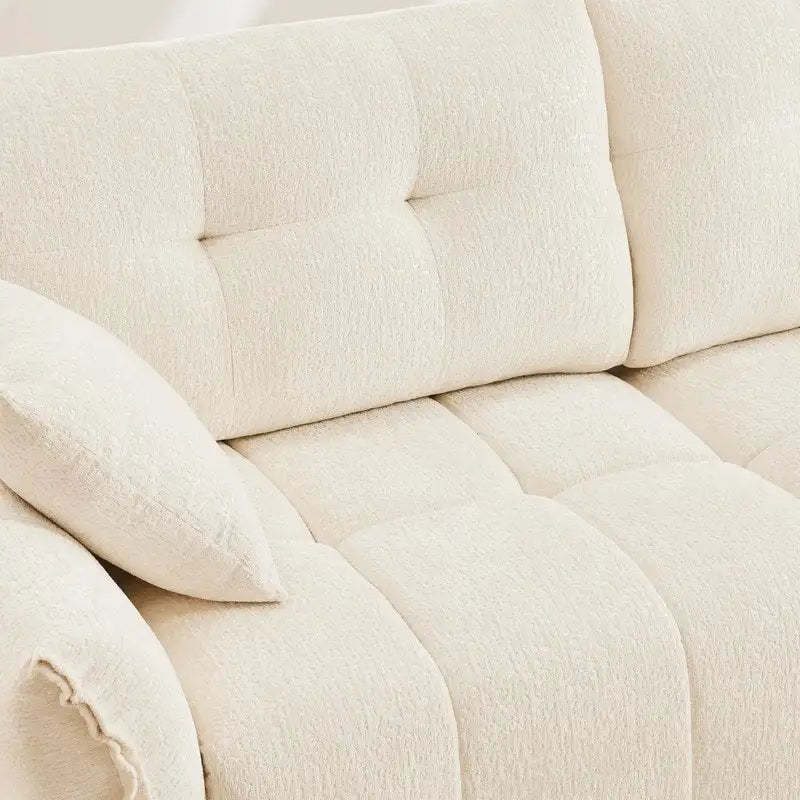 110.2 Canapé rembourré 3 places en chenille, 2 poufs