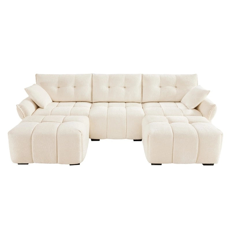 110.2 Canapé rembourré 3 places en chenille, 2 poufs