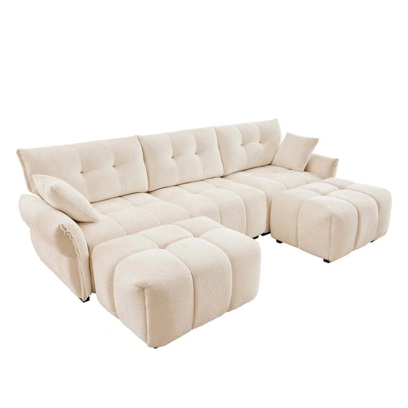 110.2 Canapé rembourré 3 places en chenille, 2 poufs