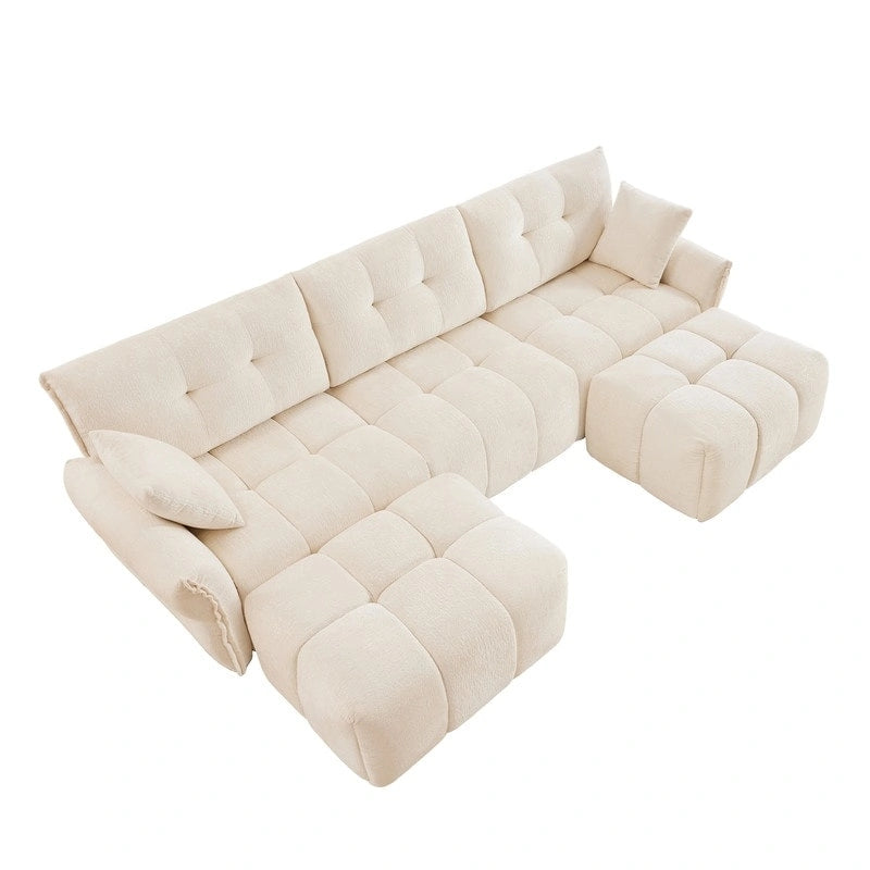 110.2 Canapé rembourré 3 places en chenille, 2 poufs