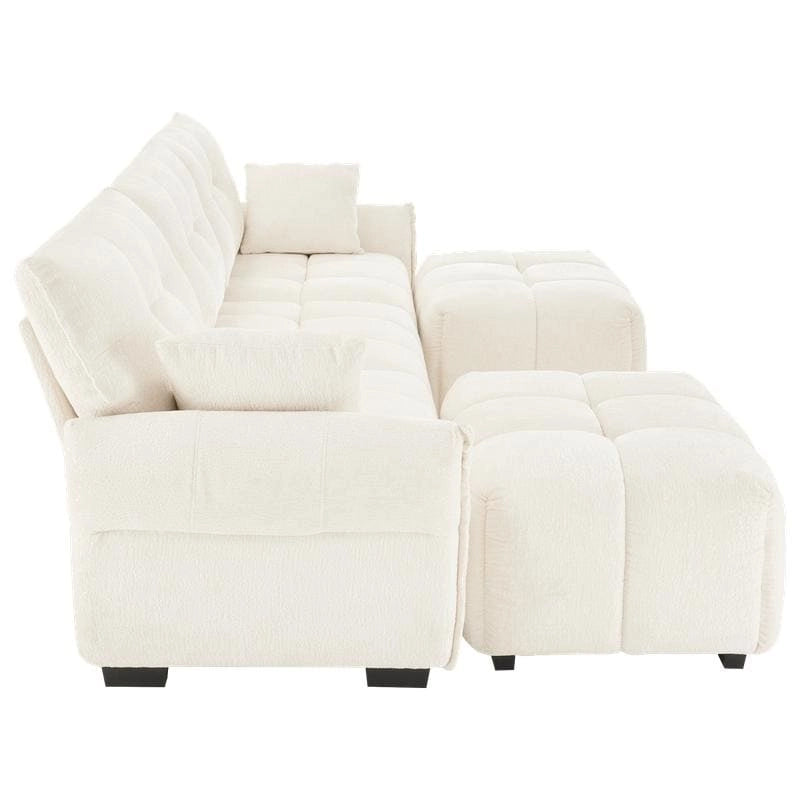 110.2 Canapé rembourré 3 places en chenille, 2 poufs