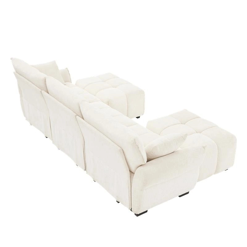 110.2 Canapé rembourré 3 places en chenille, 2 poufs