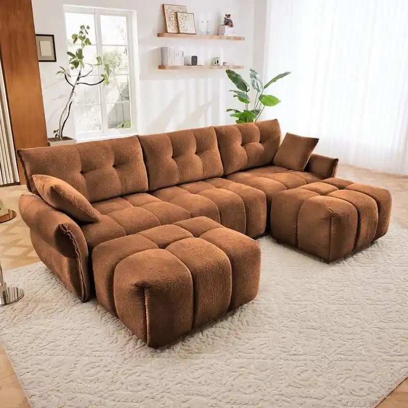 110.2 Canapé rembourré 3 places en chenille, 2 poufs