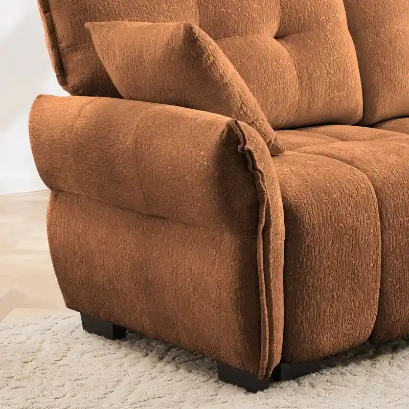 110.2 Canapé rembourré 3 places en chenille, 2 poufs