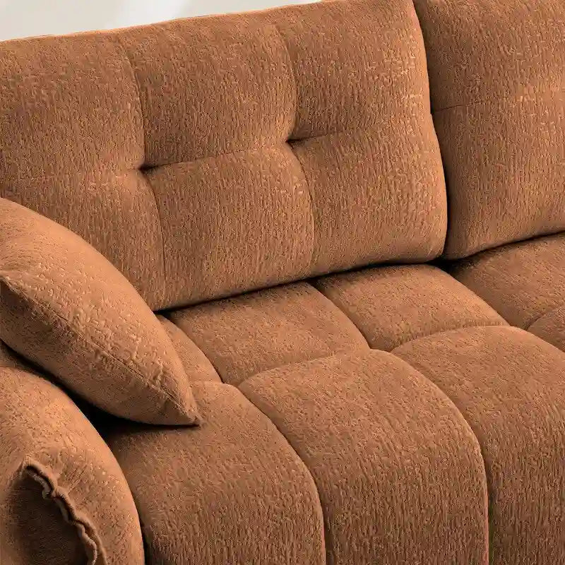 110.2 Canapé rembourré 3 places en chenille, 2 poufs