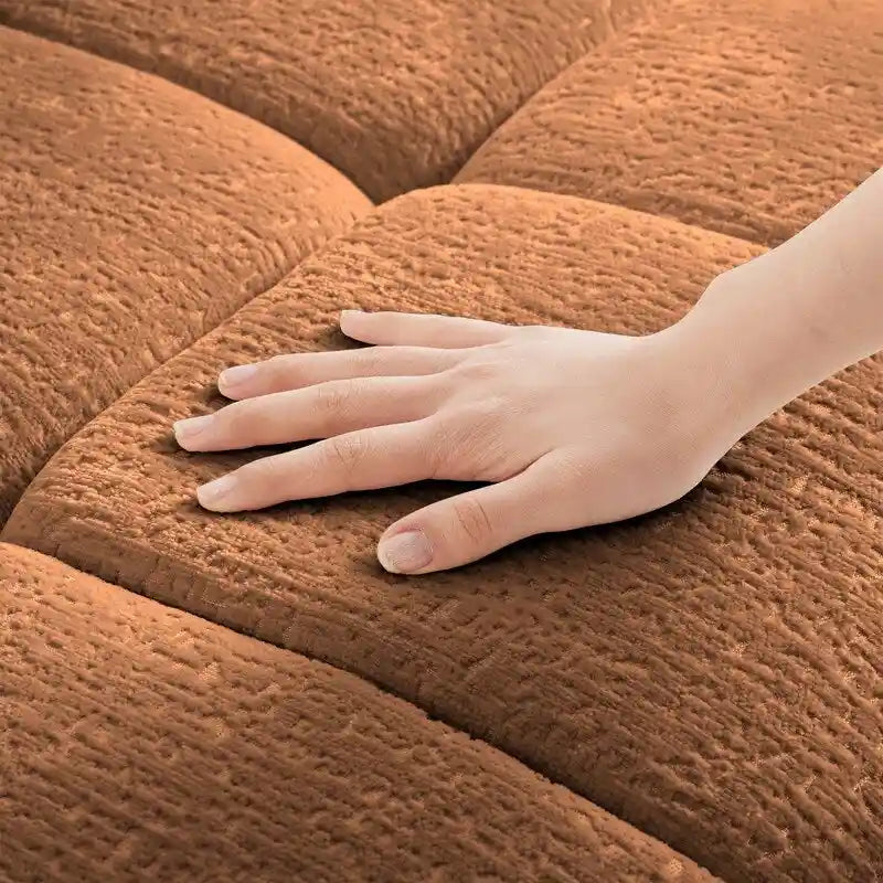 110.2 Canapé rembourré 3 places en chenille, 2 poufs