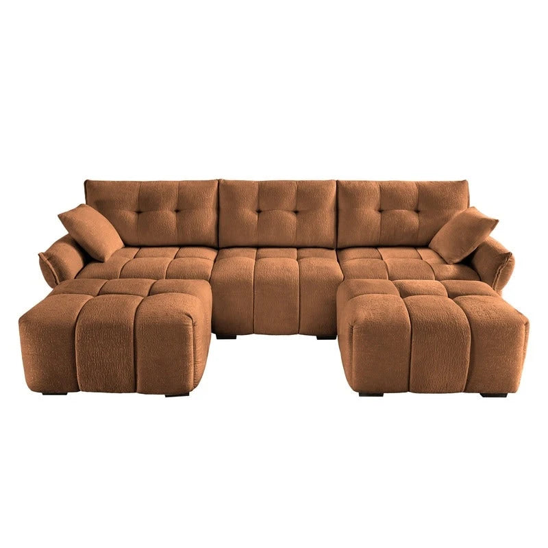 110.2 Canapé rembourré 3 places en chenille, 2 poufs