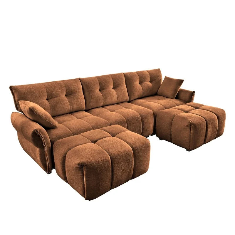 110.2 Canapé rembourré 3 places en chenille, 2 poufs