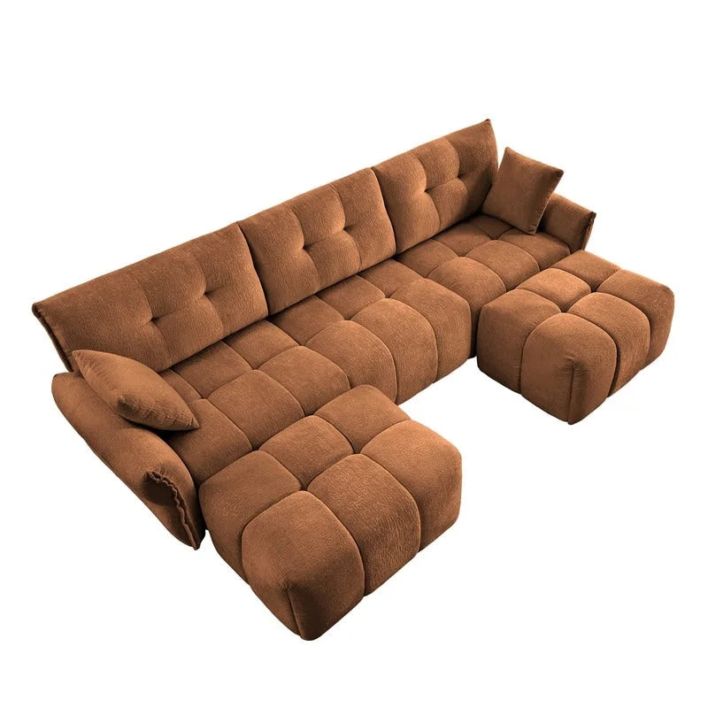 110.2 Canapé rembourré 3 places en chenille, 2 poufs