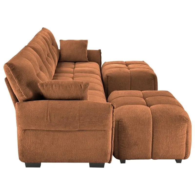 110.2 Canapé rembourré 3 places en chenille, 2 poufs