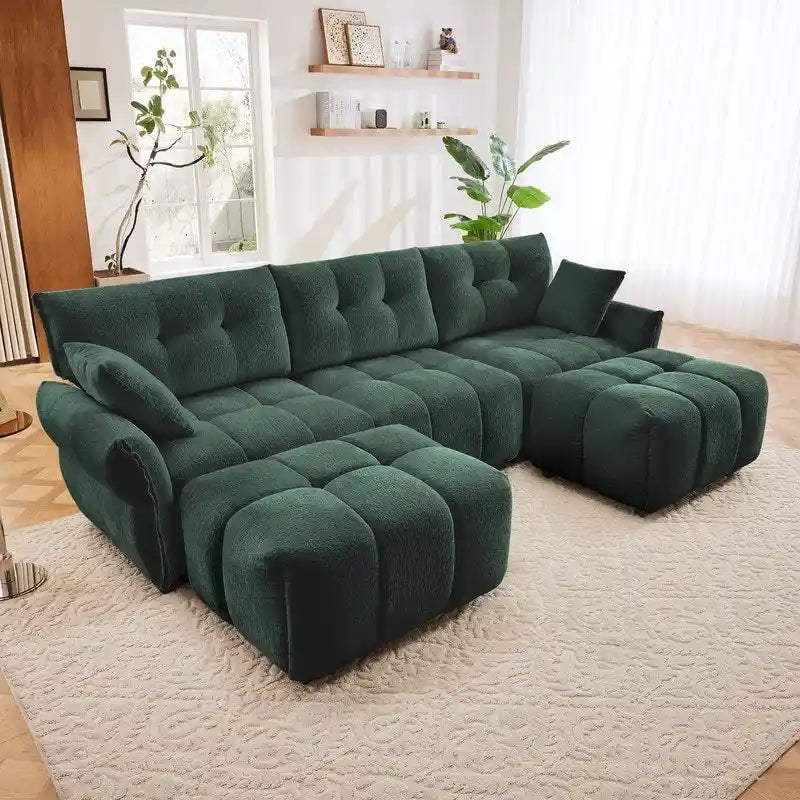 110.2 Canapé rembourré 3 places en chenille, 2 poufs