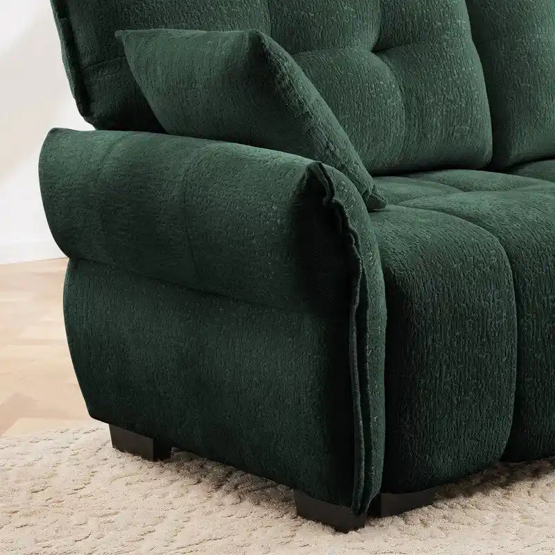 110.2 Canapé rembourré 3 places en chenille, 2 poufs