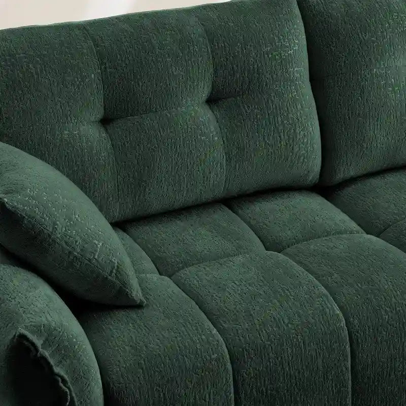 110.2 Canapé rembourré 3 places en chenille, 2 poufs