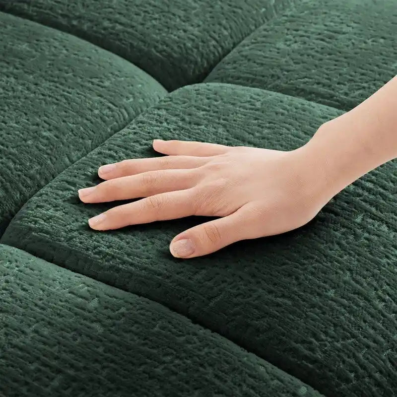 110.2 Canapé rembourré 3 places en chenille, 2 poufs