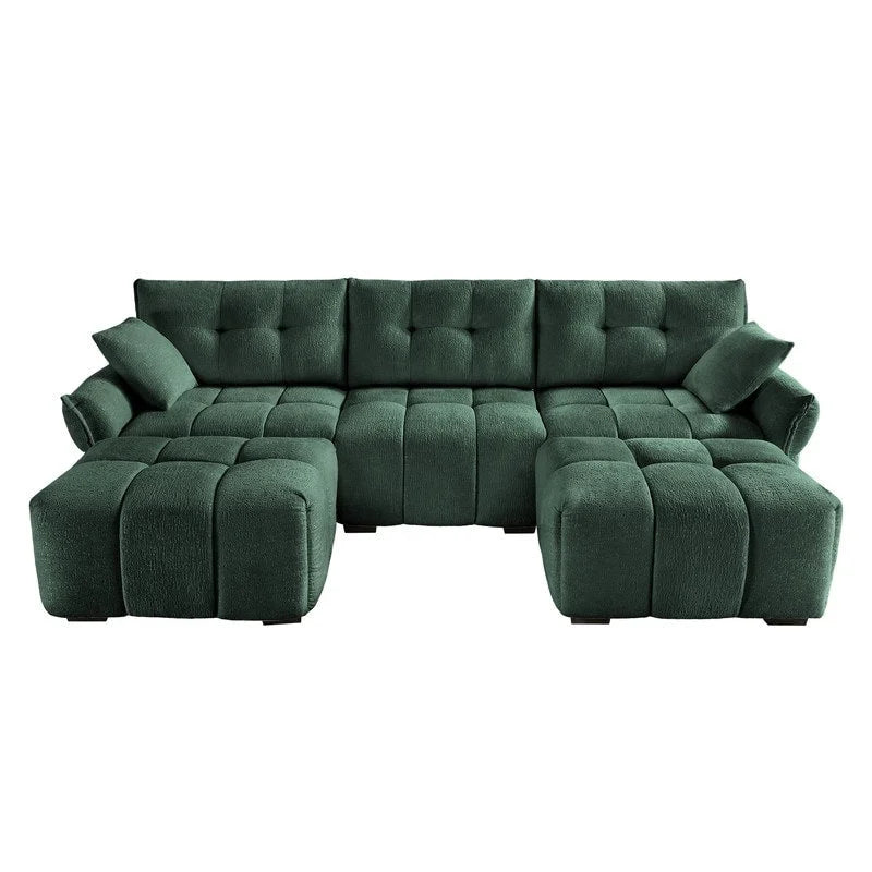 110.2 Canapé rembourré 3 places en chenille, 2 poufs