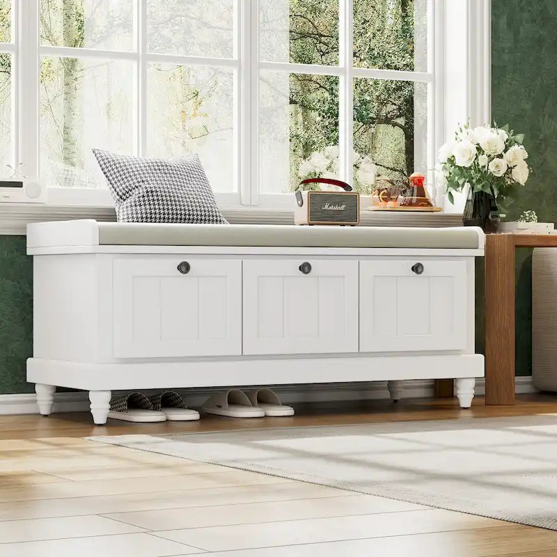 Banc à chaussures cannelé classique avec coussin et 3 tiroirs