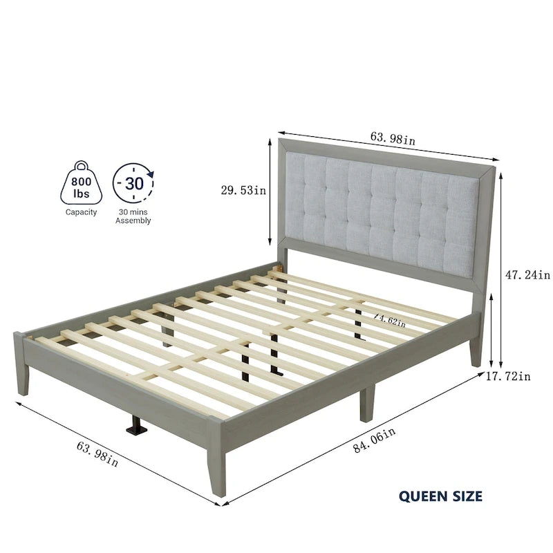 Lit Queen avec tête de lit capitonnée et plate-forme en bois massif