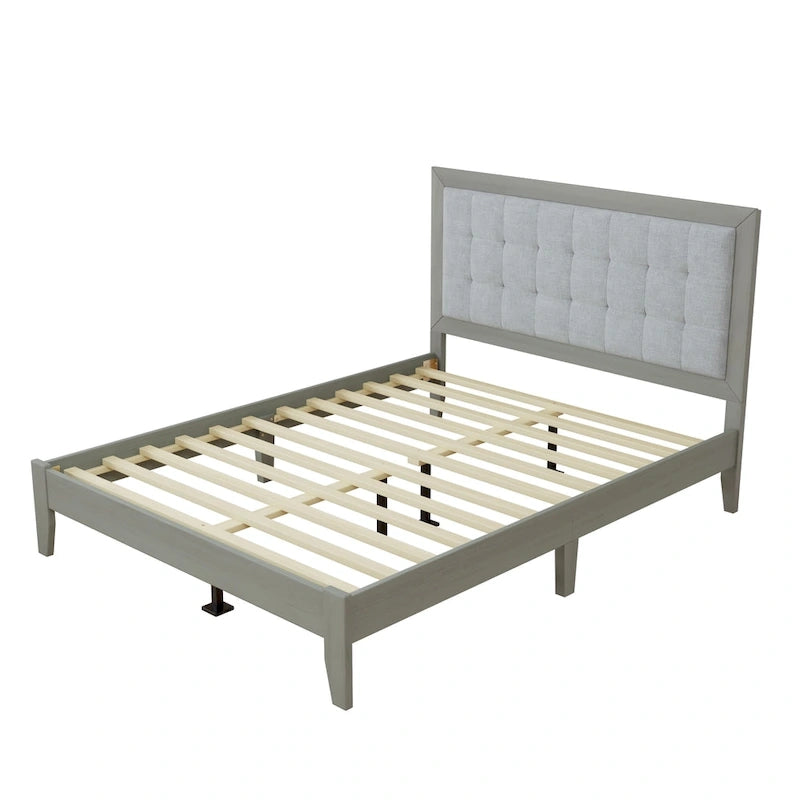 Lit Queen avec tête de lit capitonnée et plate-forme en bois massif