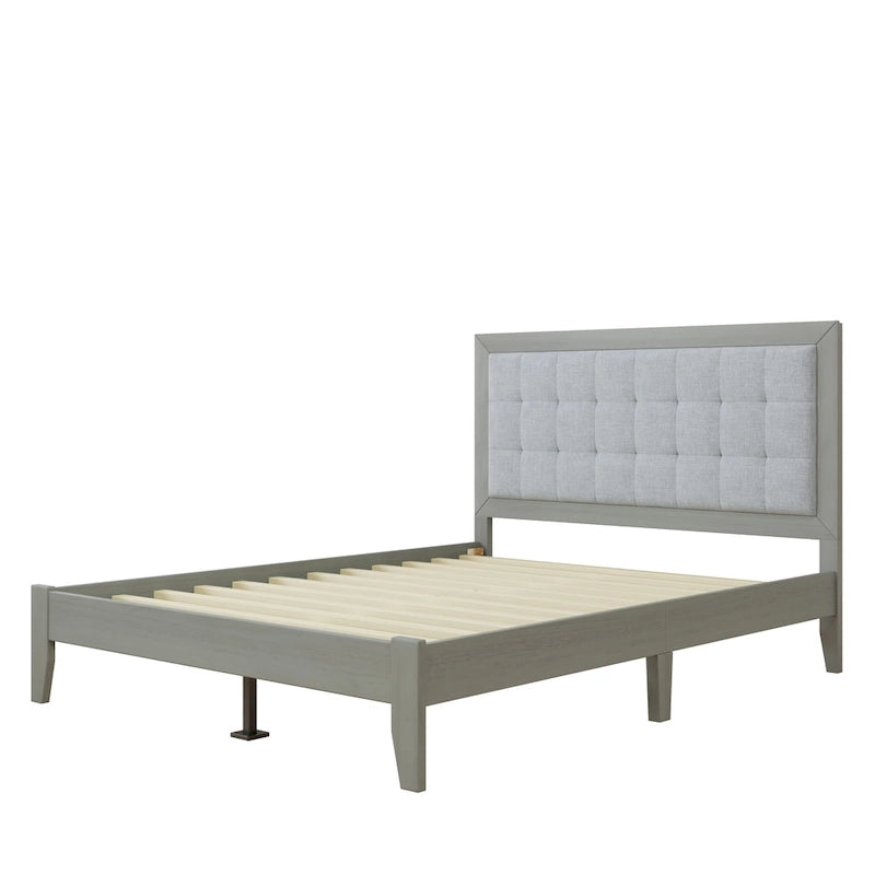 Lit Queen avec tête de lit capitonnée et plate-forme en bois massif