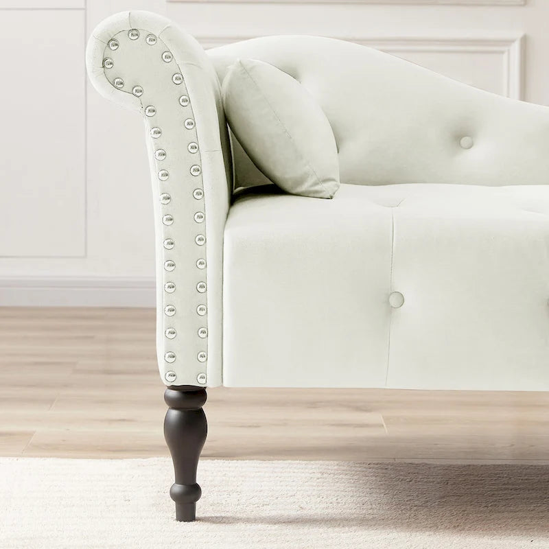 Chaise longue moderne de 154 cm avec revêtement en velours, boutons capitonnés, pieds en bois massif et clous de tapissier