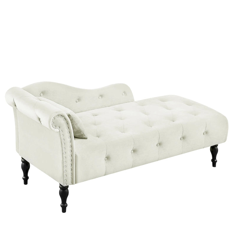 Chaise longue moderne de 154 cm avec revêtement en velours, boutons capitonnés, pieds en bois massif et clous de tapissier