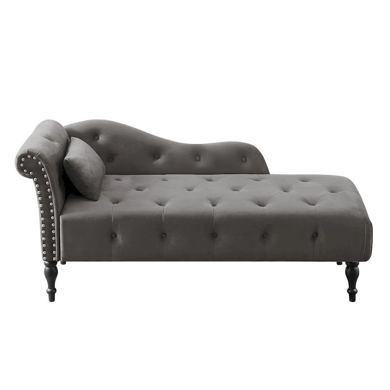 Chaise longue moderne de 154 cm avec revêtement en velours, boutons capitonnés, pieds en bois massif et clous de tapissier