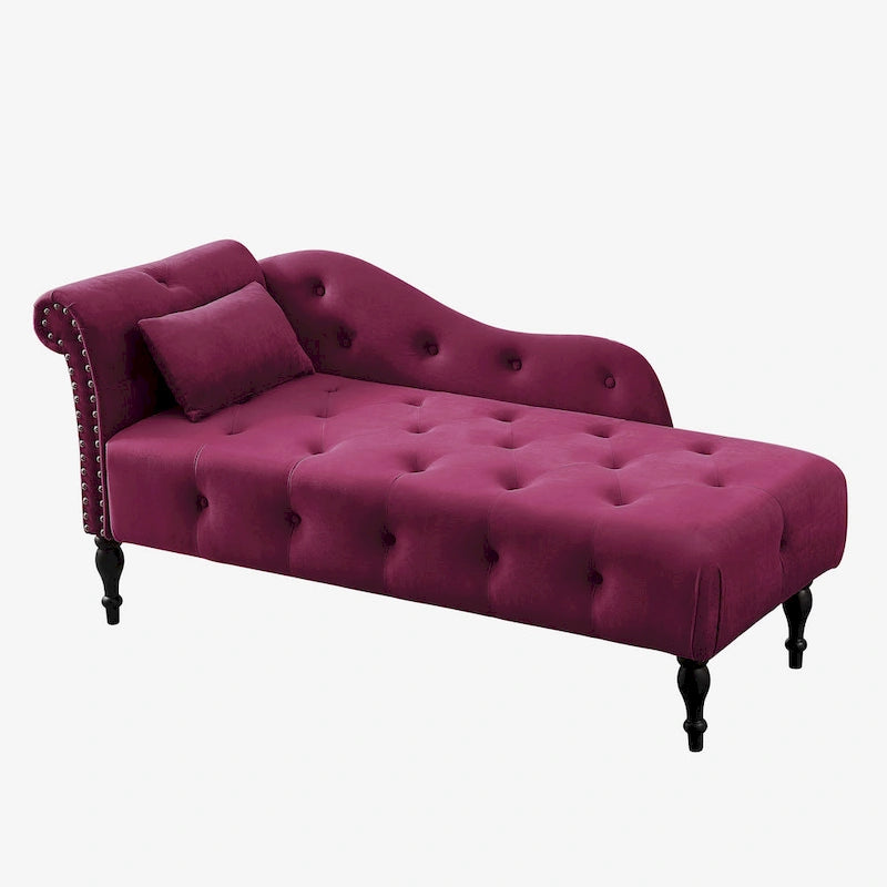 Chaise longue moderne de 154 cm avec revêtement en velours, boutons capitonnés, pieds en bois massif et clous de tapissier